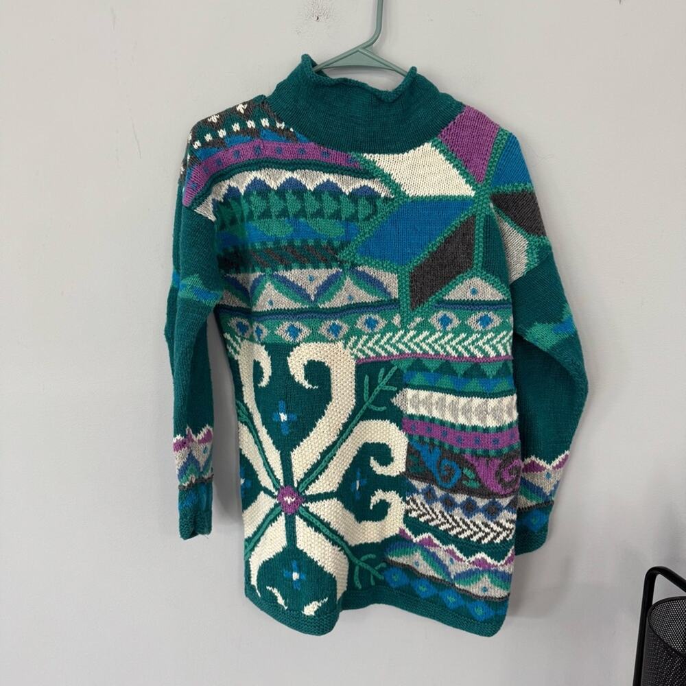 Vintage Segrets Hand Knitted Ramie & Cotton Sweater Size Small Teal Patterned